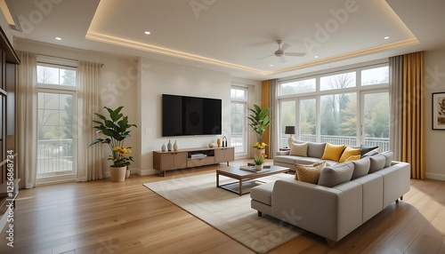 Obraz na płótnie Modern Living Room with Large Windows, Sectional Sofa, and Hardwood Floors w salonie