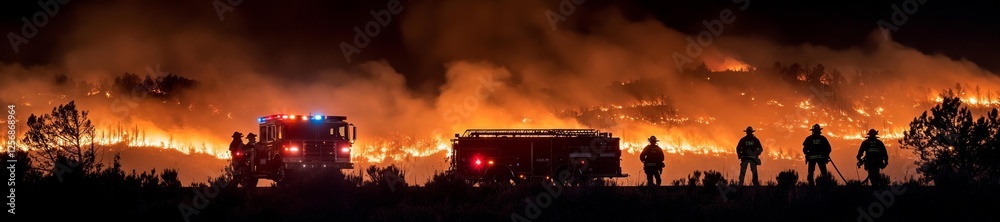 Fototapeta premium Firefighters working on a massive wildfire under night sky. Generative AI