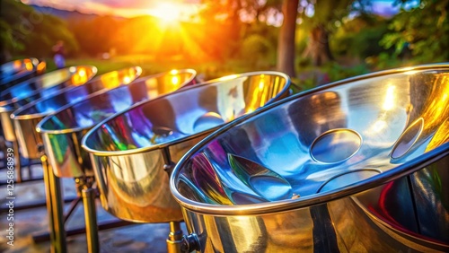 Steelpan in sunlight, reflecting vibrant colors, musical sound waves