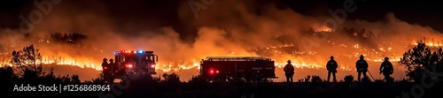 Firefighters working on a massive wildfire under night sky. Generative AI photo