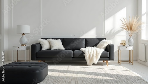 Modern minimalist living room interior design with black leather sofa, white fluffy pillows and throw, gold accents, and pampas grass.