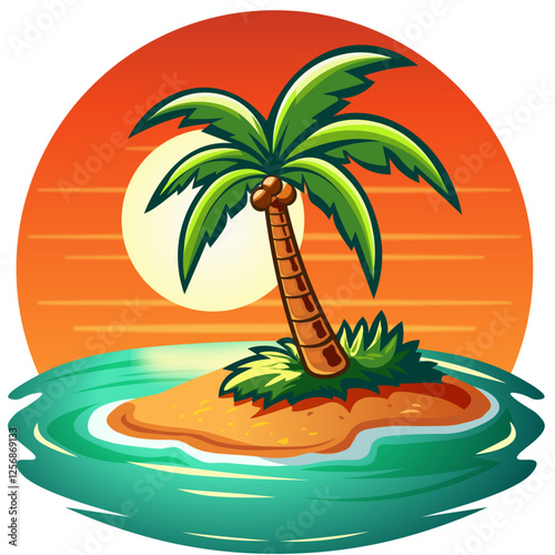 Tropical Island Sunset with Palm Tree