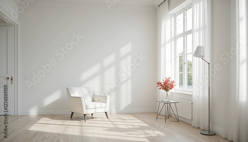 Bright Minimalist Living Room with White Armchair, Floor Lamp, and Sheer Curtains