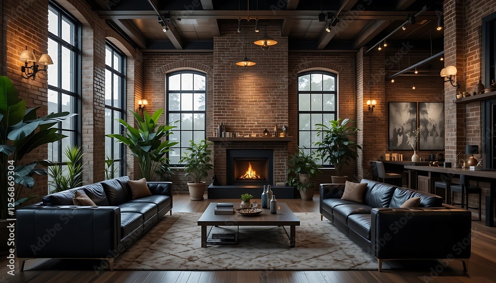 Luxury Loft Apartment Living Room with Exposed Brick Walls and Fireplace