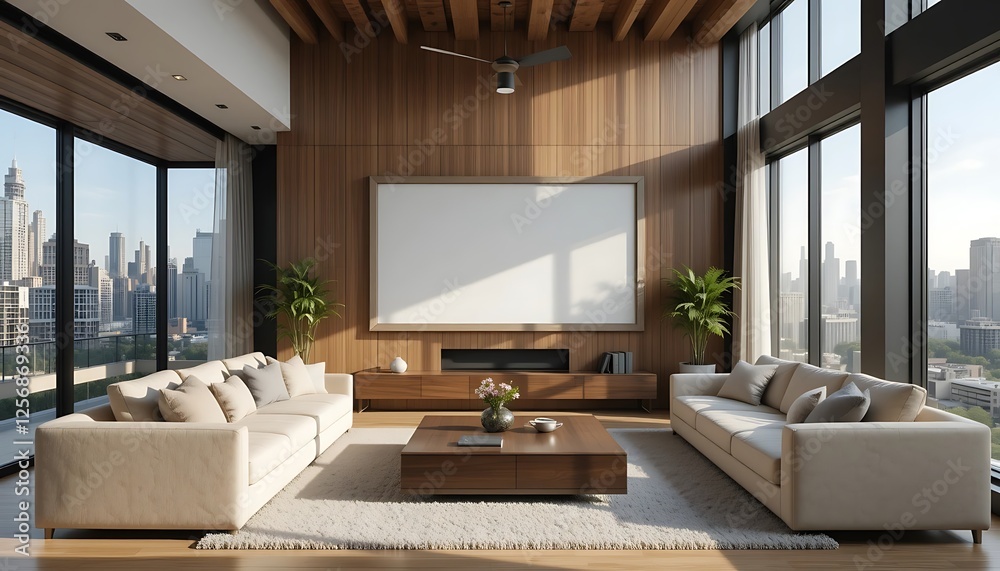 Luxury Modern Apartment Living Room with City View and Large Blank Canvas