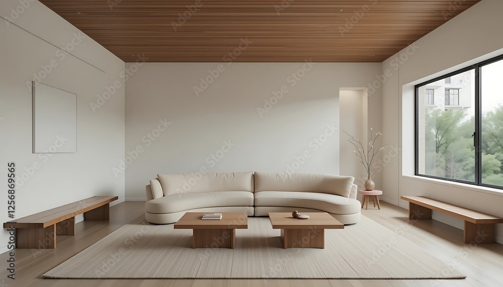 Modern minimalist living room interior design with beige curved sofa, wooden coffee tables, and natural light
