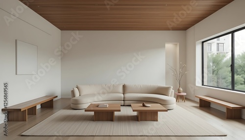 Obraz na płótnie Modern minimalist living room interior design with beige curved sofa, wooden coffee tables, and natural light w salonie