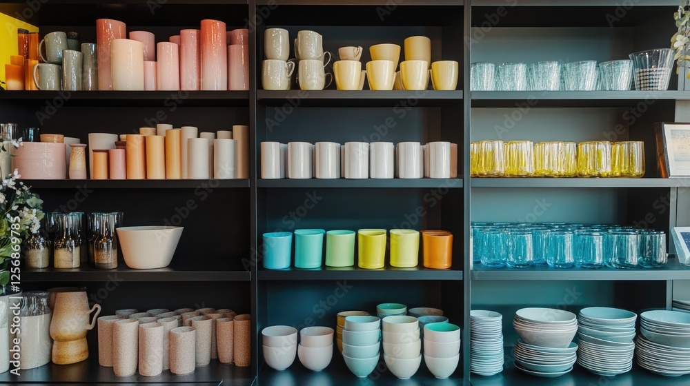 Stylish Home Goods Organized On Shelves Stylish Home Goods Organized On Shelves