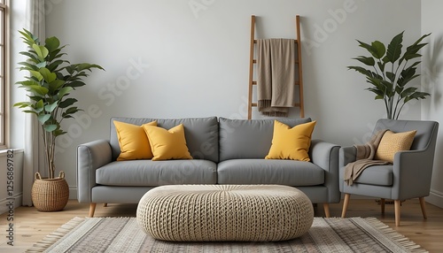 Modern living room interior design with gray sofa, armchair, and knitted pouf, plants and wooden ladder
