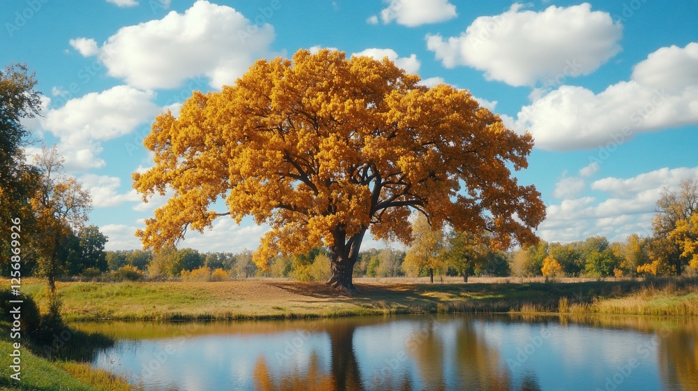 Golden autumn tree by pond, park, sunny day Golden autumn tree by pond, park, sunny day