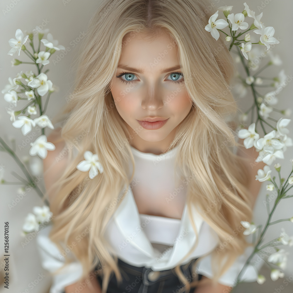 Una deslumbrante rubia de ojos brillantes y etéreas flores blancas. Una deslumbrante rubia de ojos brillantes y etéreas flores blancas.