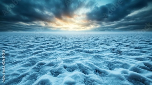 Frozen landscape with a stormy sky and snow-covered ground at sunset. Generative AI photo