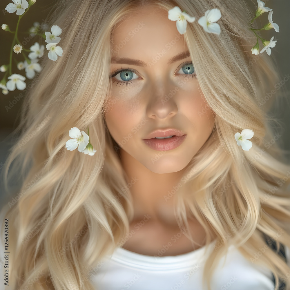 Naklejka premium Una radiante rubia de ojos hipnóticos y suaves flores blancas.