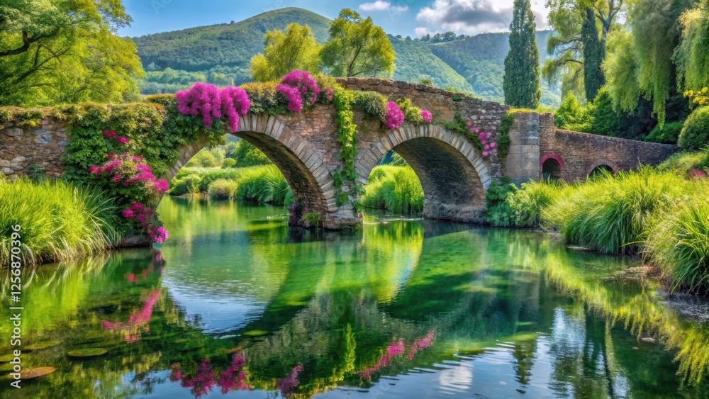 Overgrown with vines and flowers, a historic stone bridge spans a serene lake in the Gardens of Ninfa Latina Italy , bridge Overgrown with vines and flowers, a historic stone bridge spans a serene lake in the Gardens of Ninfa Latina Italy , bridge