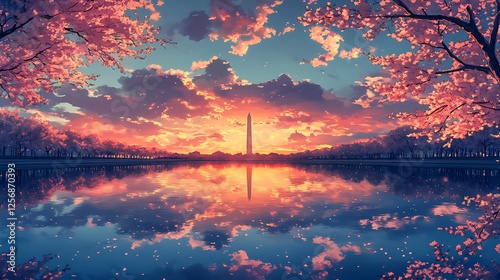 A breathtaking anime view of the Washington Monument, its reflection blending into the serene waters of the Tidal Basin, cherry blossoms cascading around the scene,