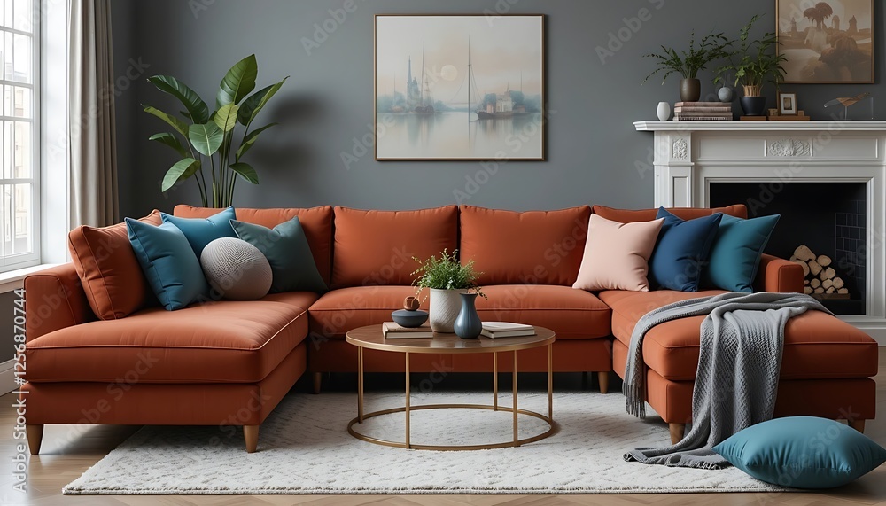 Modern Burnt Orange L-Shaped Sofa in a Stylish Living Room with Teal Accents