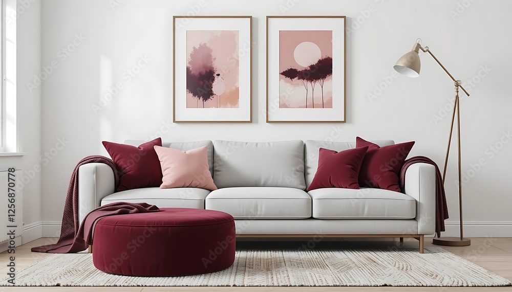 Modern Living Room Interior Design with Beige Sofa, Maroon Throw, and Abstract Art Prints