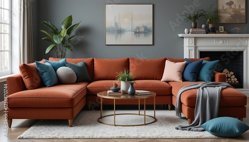 Obraz na płótnie Modern Burnt Orange L-Shaped Sofa in a Stylish Living Room with Teal Accents w salonie