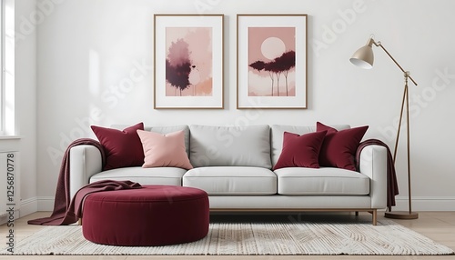 Obraz na płótnie Modern Living Room Interior Design with Beige Sofa, Maroon Throw, and Abstract Art Prints w salonie