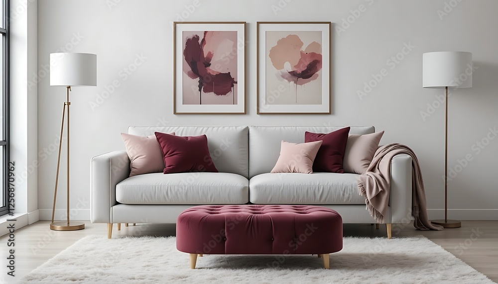 Modern living room interior design with a light grey sofa, blush pink and burgundy cushions, and a stylish ottoman
