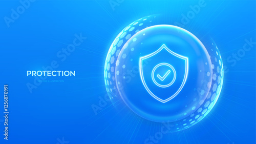 Protection. Healthcare. Insurance. Cyber security. Network safety. Protection shield with Check mark icon inside transparent sphere shield with hexagon pattern on blue background. Vector illustration.