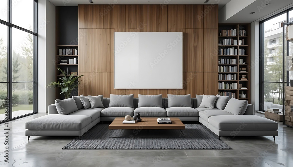 Modern minimalist living room interior design with gray sectional sofa, wooden wall paneling, and large windows