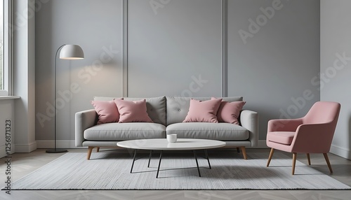 Modern minimalist living room interior design with grey walls, light grey sofa, pink armchair, and a white coffee table