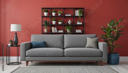 Modern living room interior design with gray sofa, red wall, and black shelving unit filled with plants and books