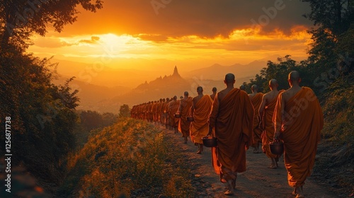 Buddhist monks walking towards a temple during sunset in a serene landscape. Generative AI photo