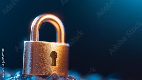 Golden Lock Close-Up on Rocks with Blue Lighting. Generative AI