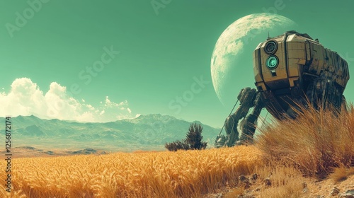 A towering robotic harvester gathering golden wheat-like crops under a green-tinted sky on a terraformed moon, distant mountains, sci-fi epic scene, cinematic composition. photo