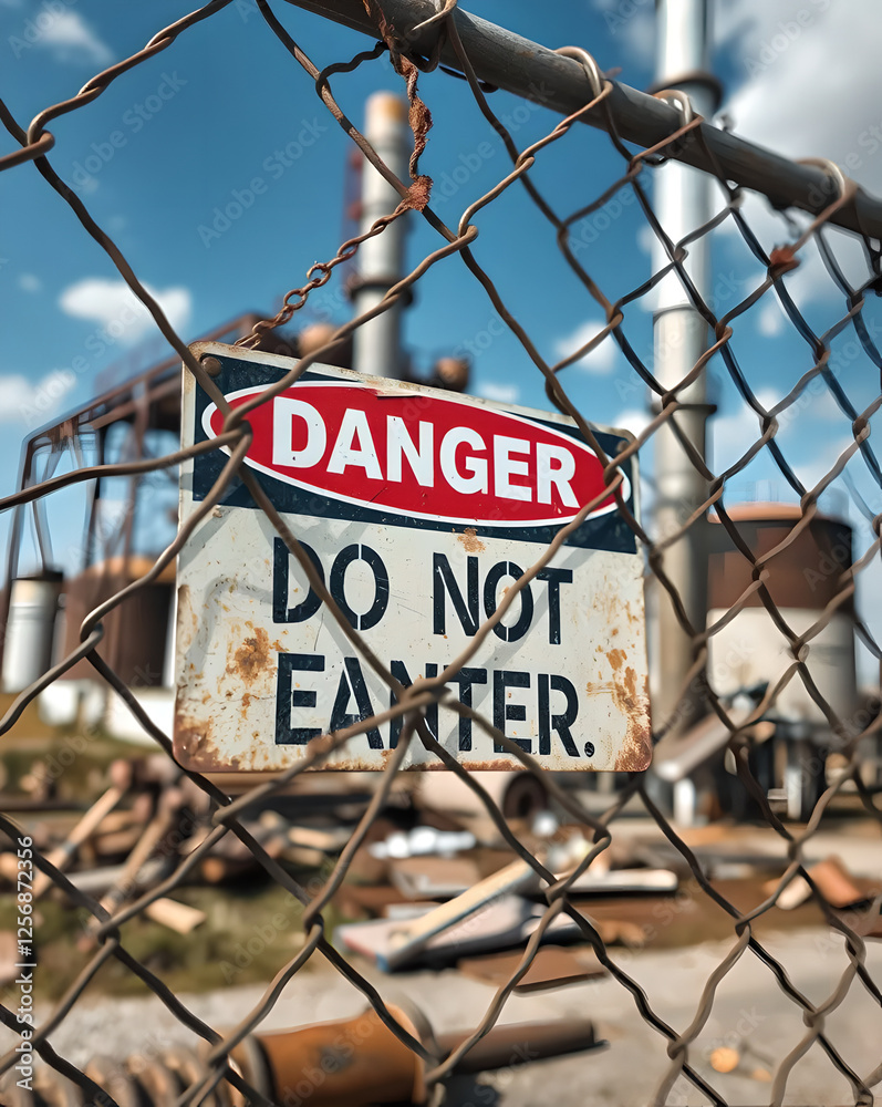 Warning sign: Restricted area: danger ahead, rusted steel, and factories.