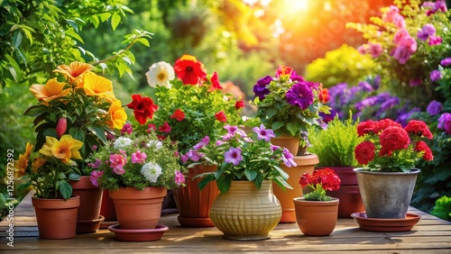 Wallpaper Mural Vibrant colorful flowers arranged in various pots on a sunny patio, surrounded by lush greenery and vibrant hibiscus plants, beauty Torontodigital.ca
