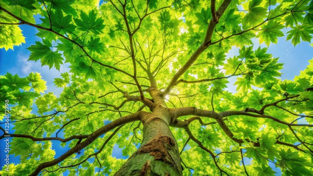 Fototapeta premium A majestic Sycamore maple branch with vibrant fresh green leaves stretching towards the sky
