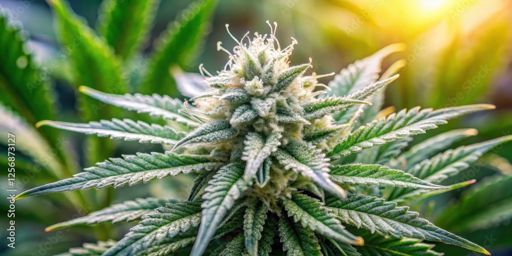 Close-up of cannabis plant with visible THC and CBD crystals in a natural light setting, flowers, leaves, flowers Close-up of cannabis plant with visible THC and CBD crystals in a natural light setting, flowers, leaves, flowers