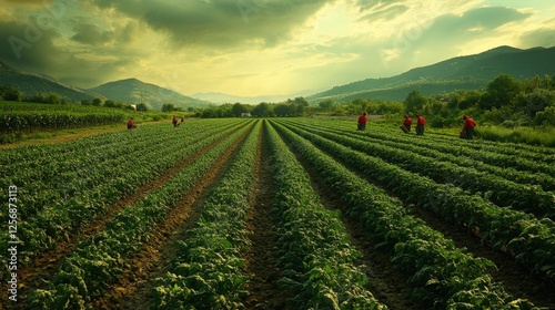 Farmers working in lush green vegetable field at sunset. Generative AI photo