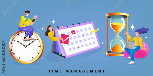Time management and business planning concept. A team organizes a work schedule on a calendar, completes tasks on a checklist, and meets deadlines for improved productivity and work-life balance.