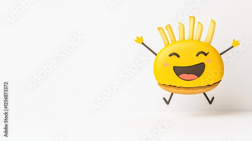 Cheerful cartoon burger character with fries, jumping against a minimalistic white background photo