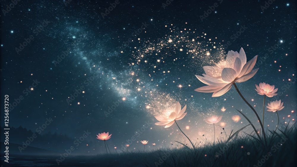 Serene night scene with glowing lotus flowers. Serene night scene with glowing lotus flowers.