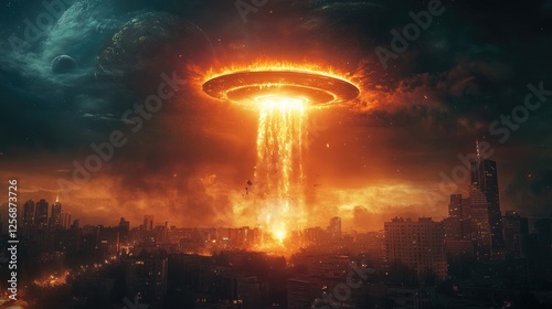 Fiery Alien Ship Attacks Cityscape Underneath Planets