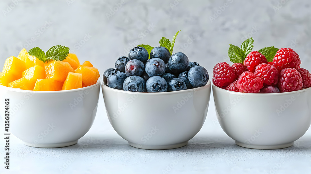 Fresh fruit salad mango, blueberries, raspberries in bowls. Food photography for recipe blogs Fresh fruit salad mango, blueberries, raspberries in bowls. Food photography for recipe blogs