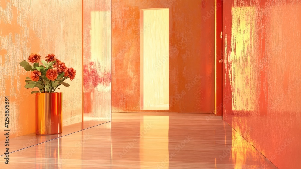 Fototapeta premium A contemporary hallway with Peach Fuzz walls decorated with metallic wall art.