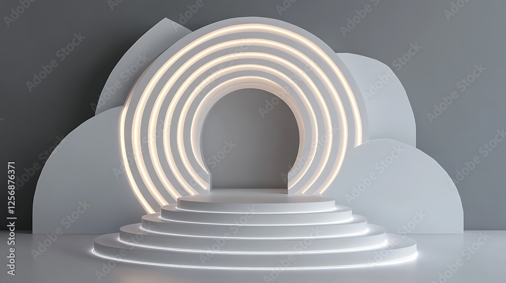 Obraz premium Modern Minimalist 3D Render: Illuminated Archway Product Display Podium AI Generated