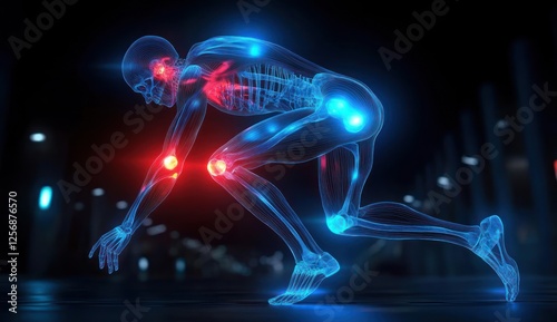 Running Figure with Knee Joint Pain in Cyberpunk Style 3D Illustration photo