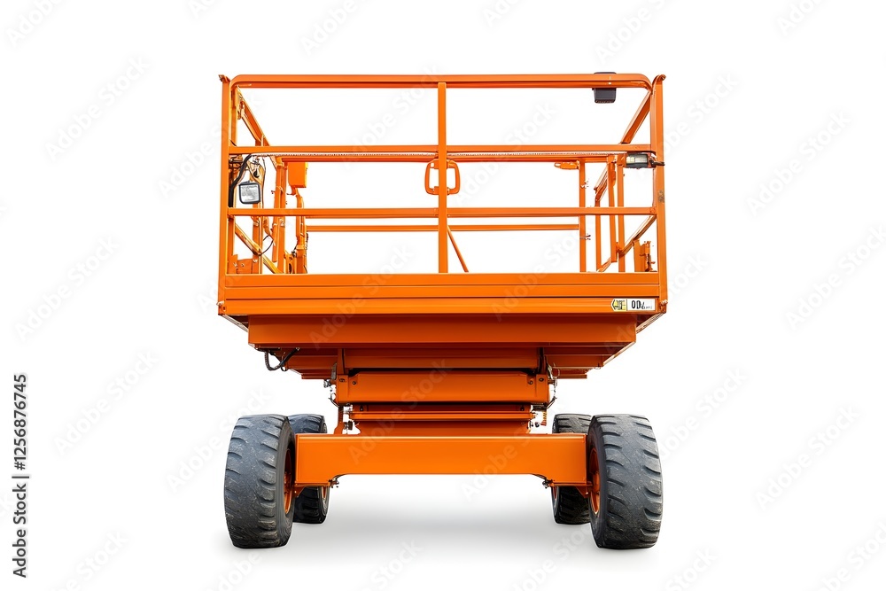 Orange Mobile Elevated Work Platform, Ready for Secure and Efficient Industrial Maintenance Tasks. Orange Mobile Elevated Work Platform, Ready for Secure and Efficient Industrial Maintenance Tasks.