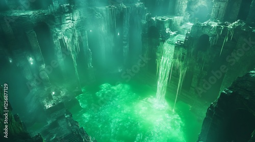 Ethereal Green Waterfall in Ancient Underwater Ruins