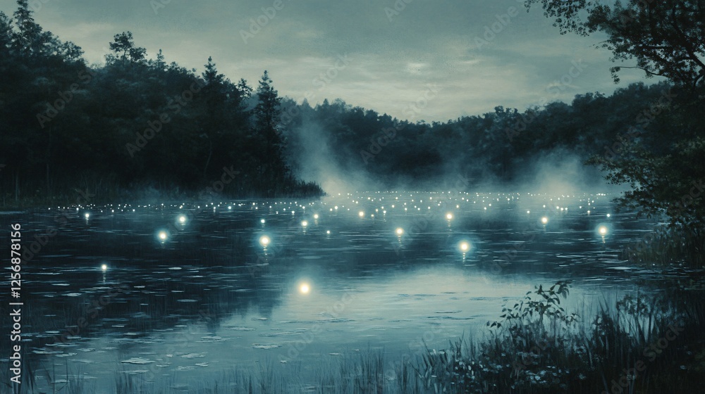 Enchanting Firefly Lake at Dusk Mystical Night Scene Enchanting Firefly Lake at Dusk Mystical Night Scene