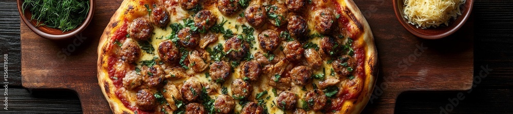 Delicious Pizza with Sausage and Fresh Herbs on a Wooden Board. Generative AI Delicious Pizza with Sausage and Fresh Herbs on a Wooden Board. Generative AI