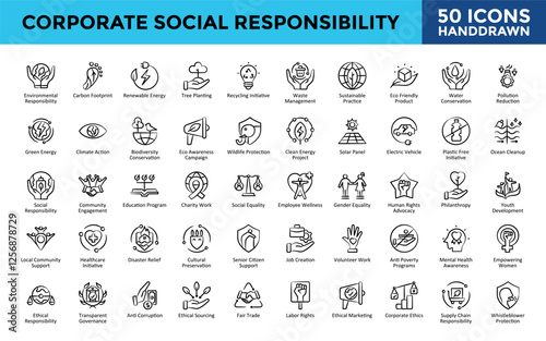 Corporate Social Responsibility icons set with environmental responsibility, carbon footprint, renewable energy, tree planting, recycling initiative, waste management icon. Simple handdrawn vector 
