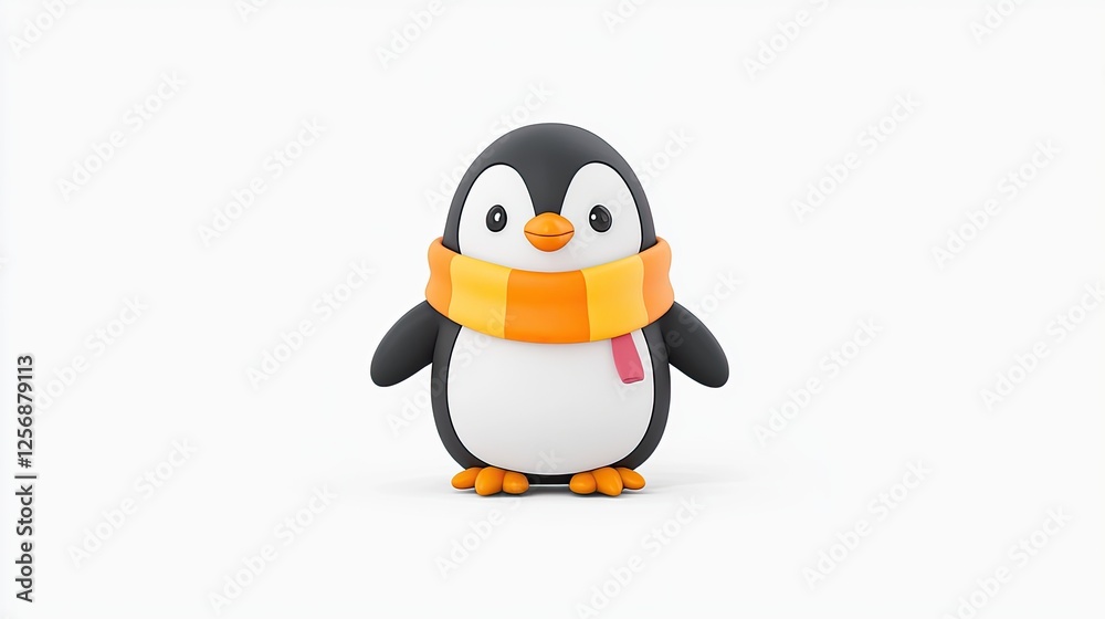 Fototapeta premium Cute cartoon penguin wearing a colorful scarf, standing on a plain background, ideal for children's content